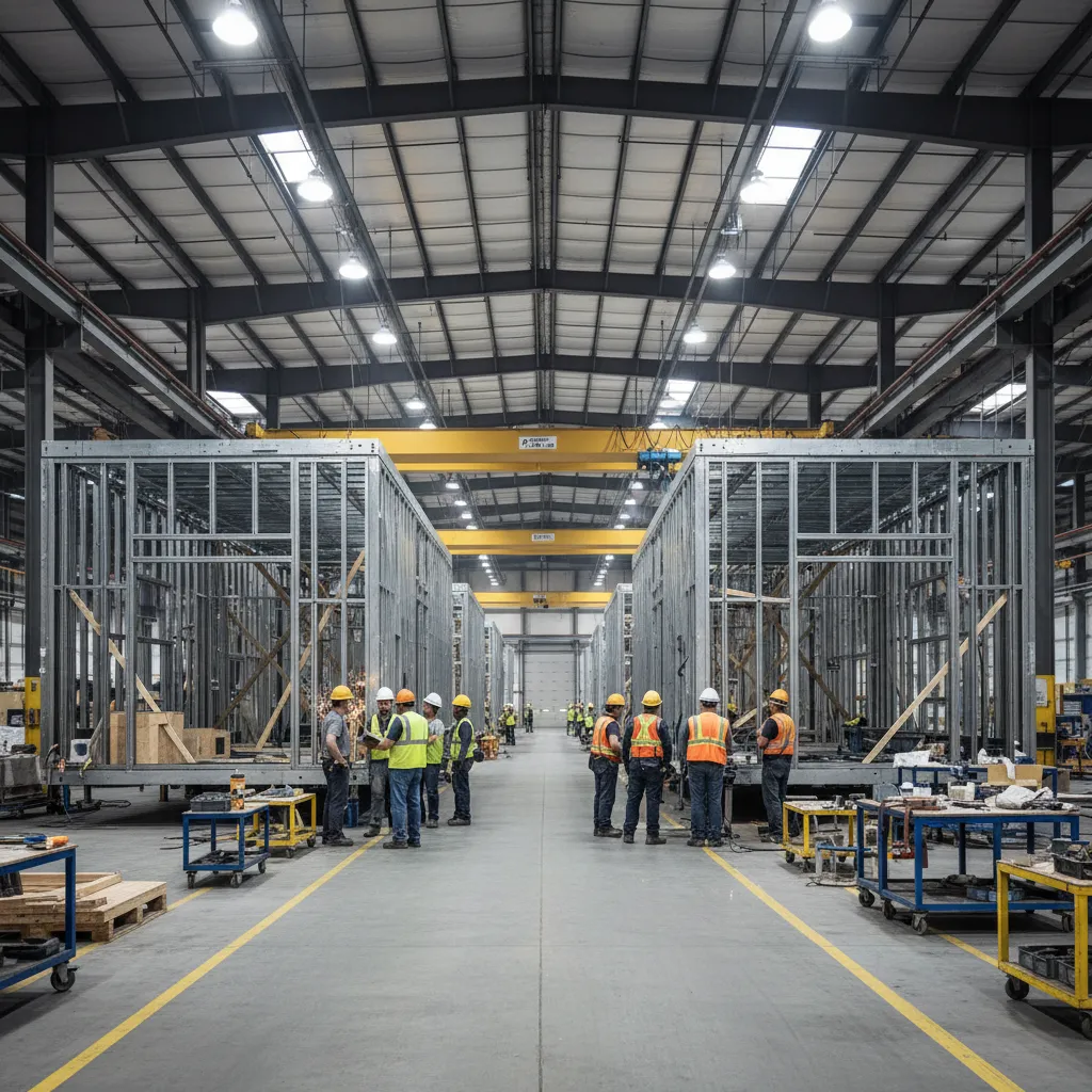 factory production line assembling modular housing units