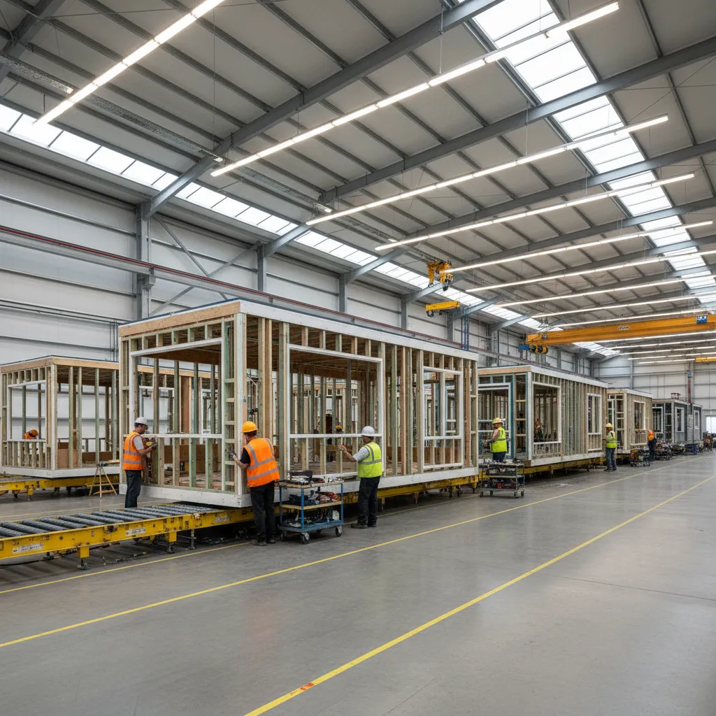 modular home sections assembled inside a modern housing factory production line