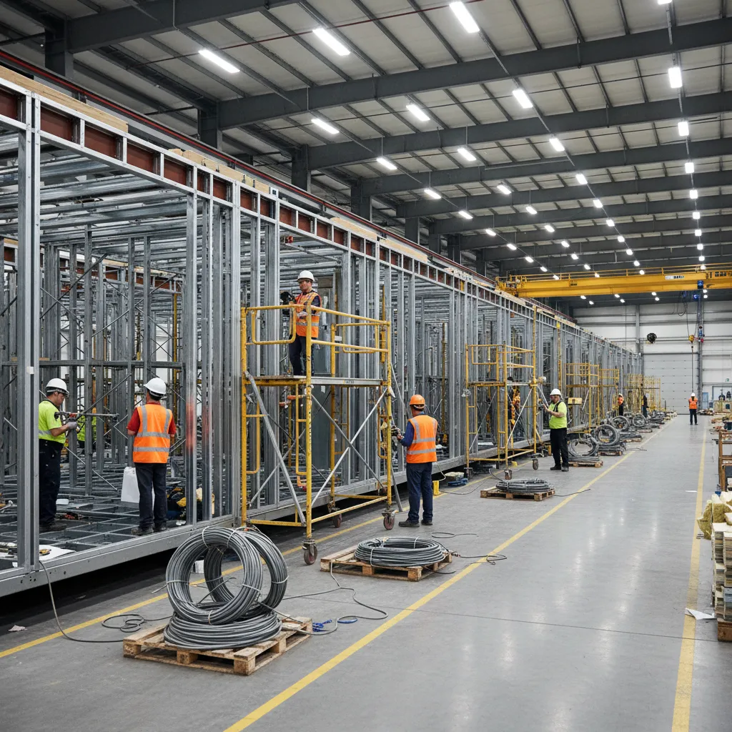 modular home section being assembled in factory environment