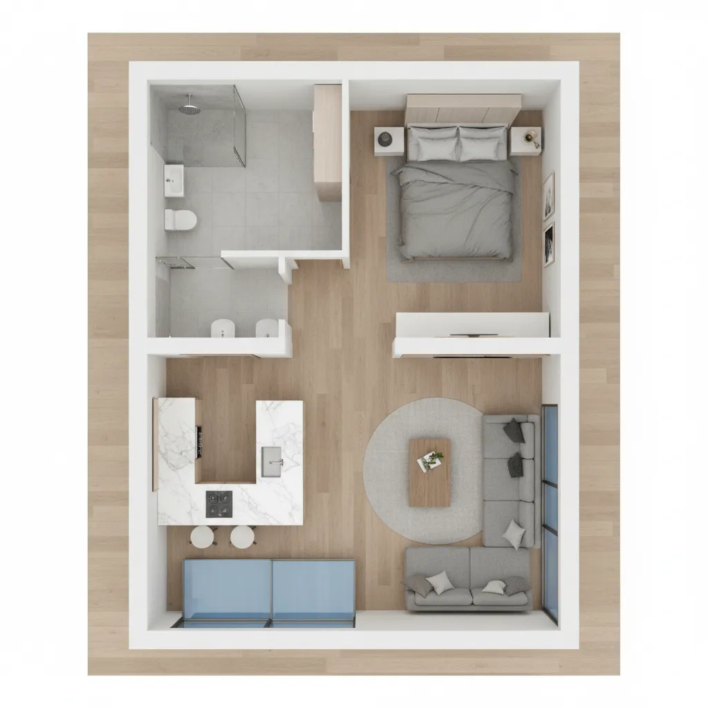 Simple modular home floor plan layout showing compact living spaces