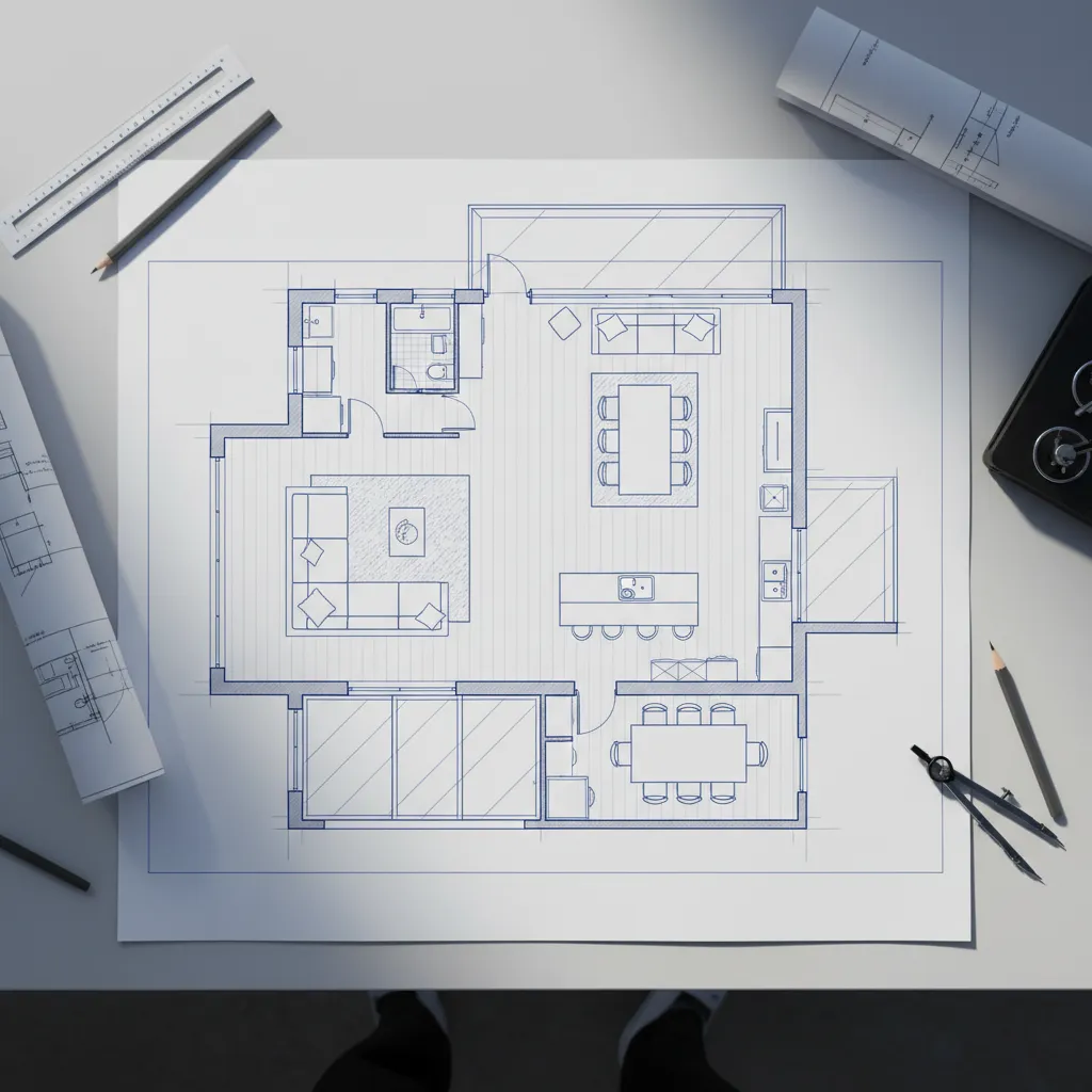 Plano arquitectónico de una casa modular moderna con distribución abierta