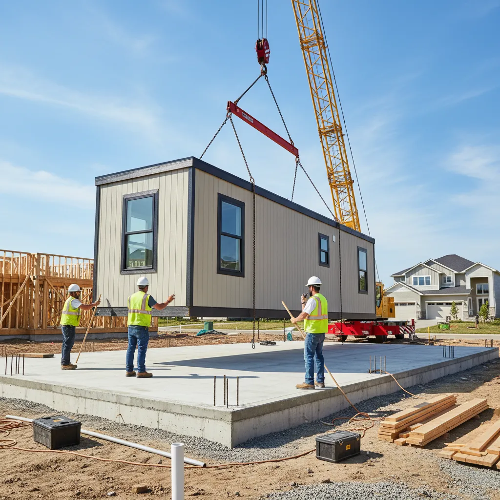 Factory built modular home module being installed onto permanent foundation