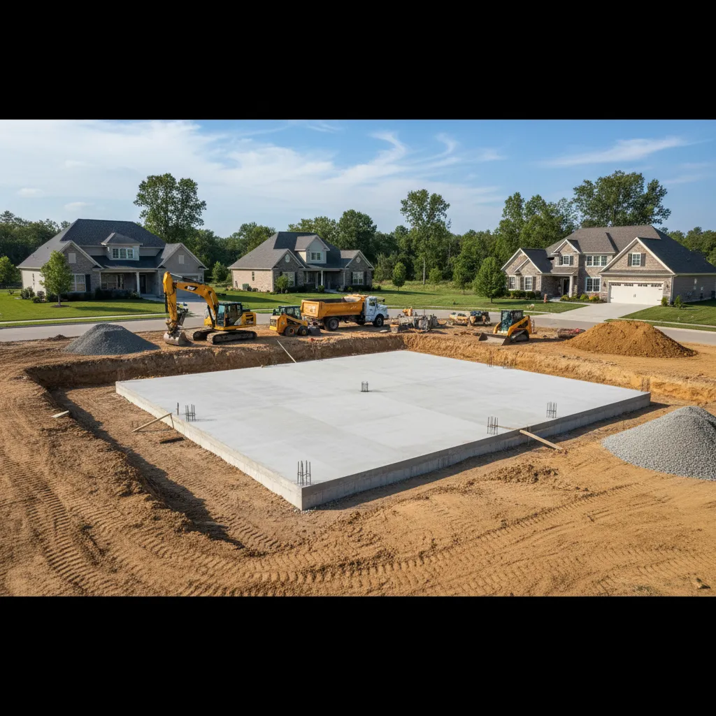 Prepared foundation and graded site for large modular home installation