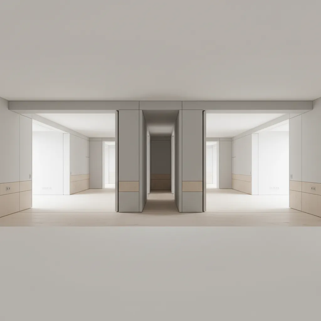 Minimalist interior design drawing of a white room layout with wooden flooring and bright lighting