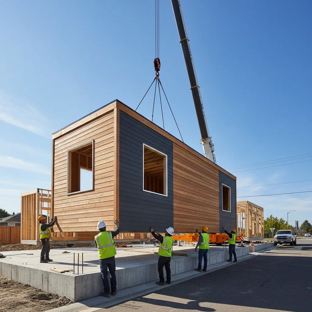 Crane placing prefabricated modular home sections onto a foundation at a residential building site