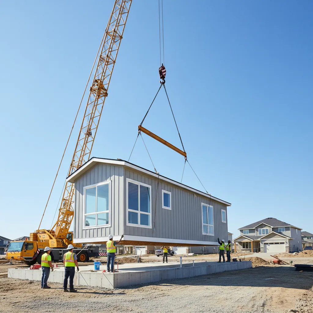 Crane installing modular home section onto foundation
