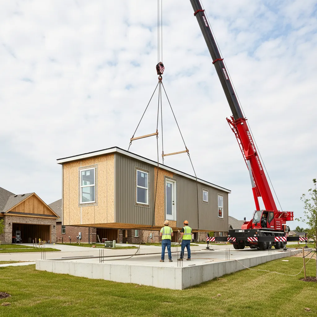 Modular home sections being placed on permanent foundation by crane