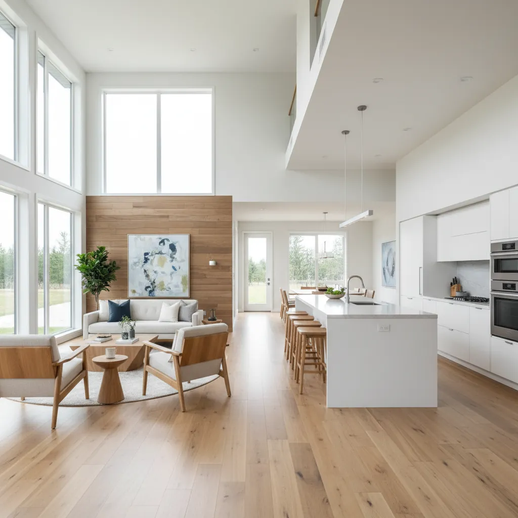 Interior abierto de una casa modular con cocina y salón integrados