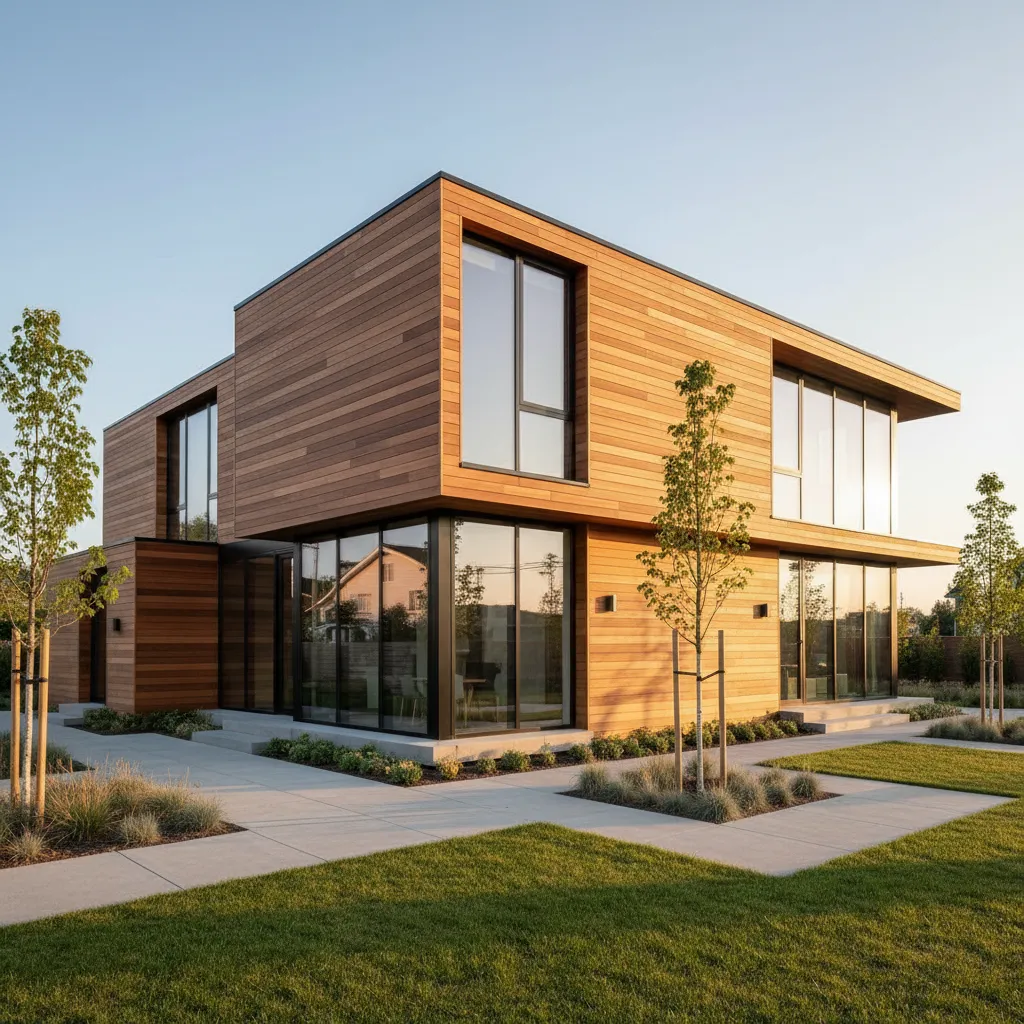 Casa modular moderna con fachada de madera y grandes ventanales