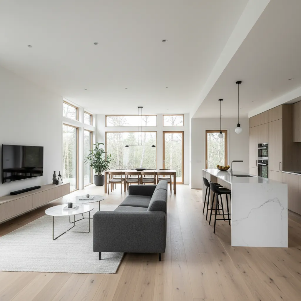Bright open living room with grey sofa marble coffee tables and white marble kitchen island