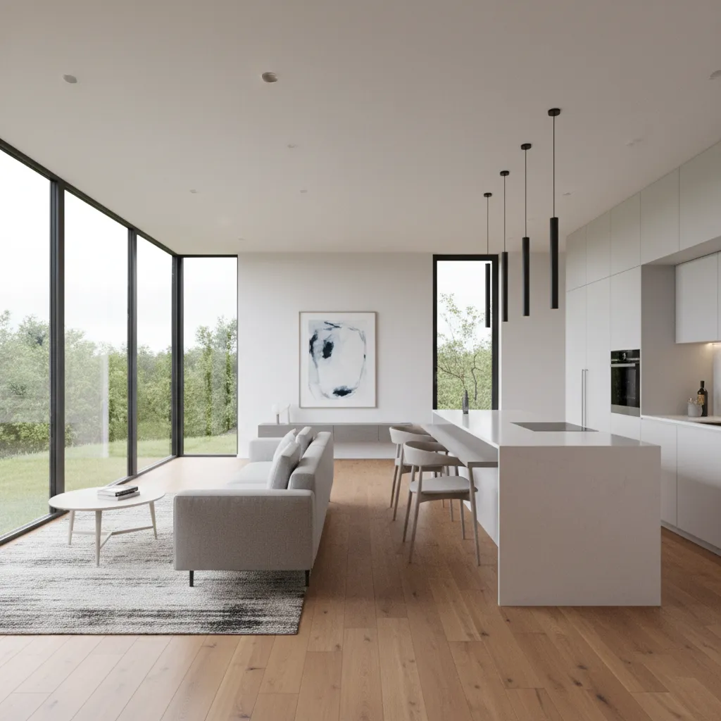 Interior de casa modular con planta abierta moderna