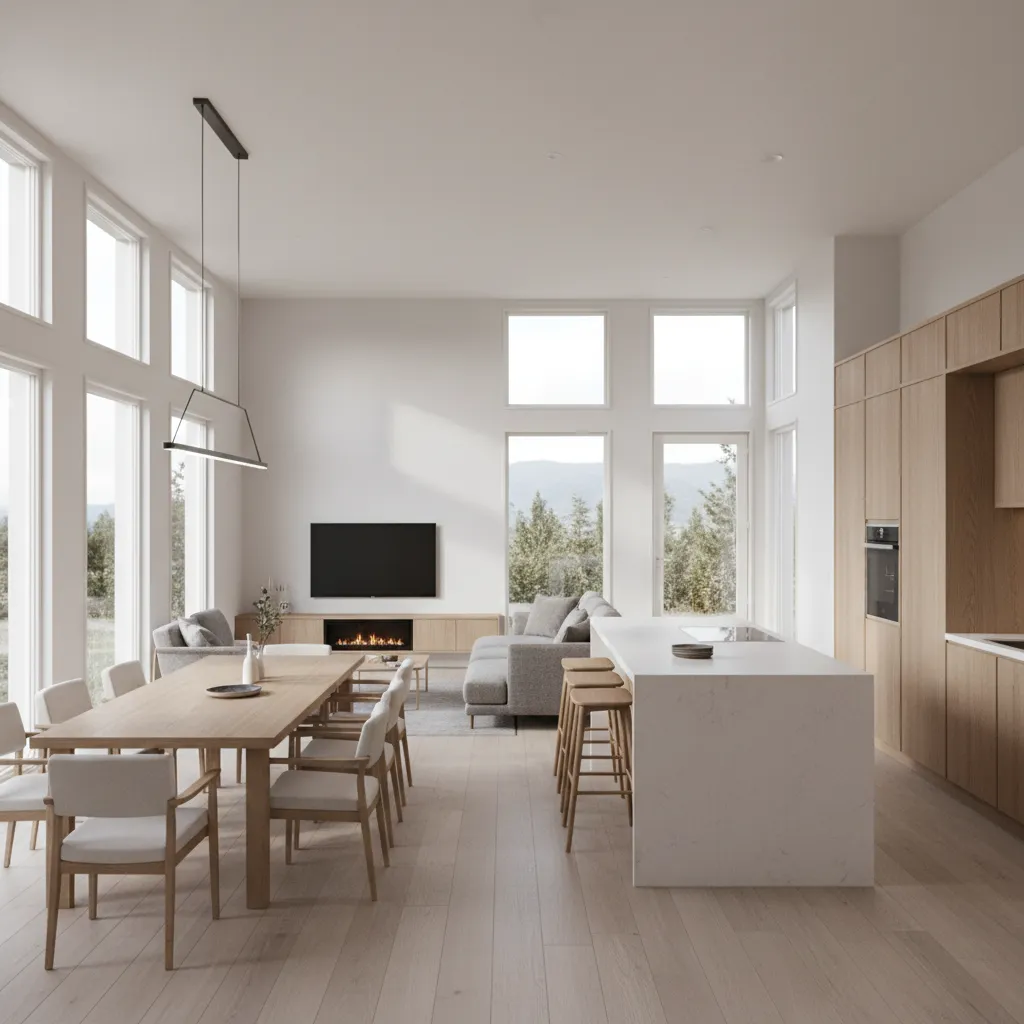 open concept modular home living room kitchen layout example