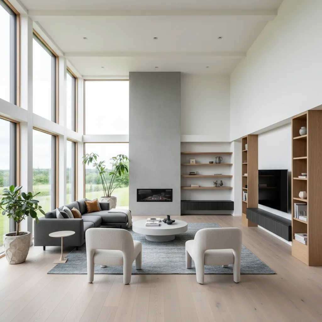 Interior de casa modular con salón amplio formado por varios módulos