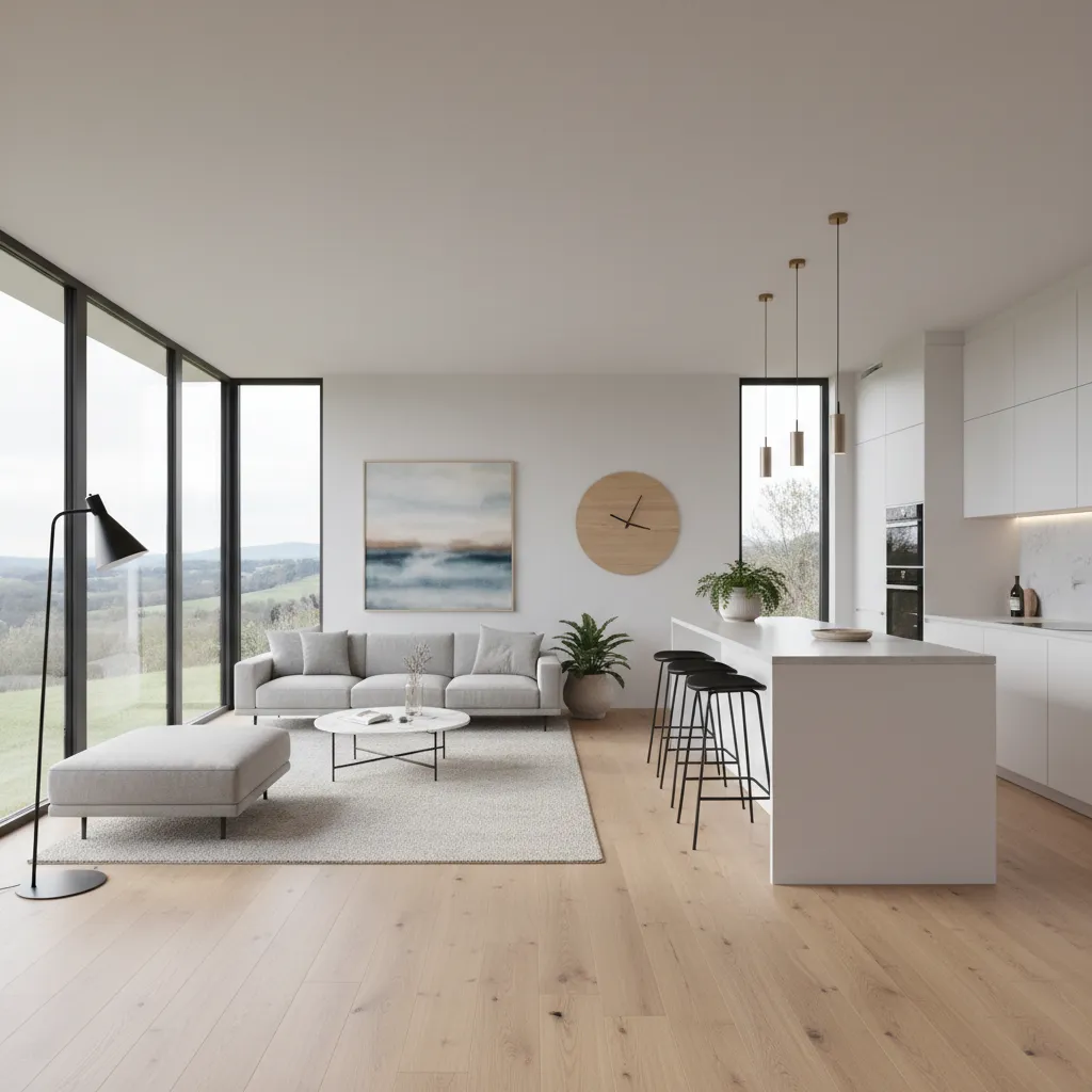Interior abierto de una casa modular moderna con salón y cocina integrados
