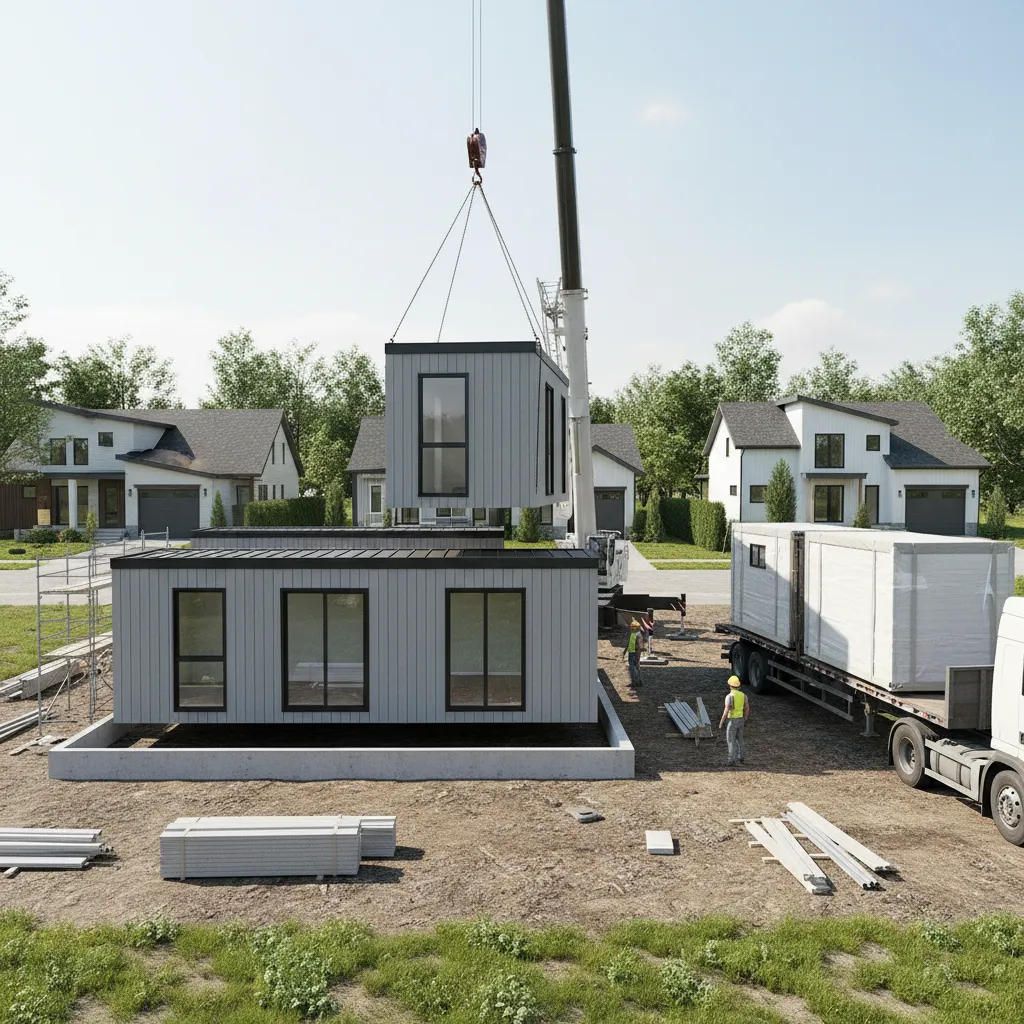 large modular home sections being placed onto foundation by crane