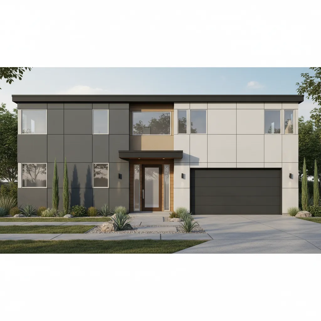 Simple rectangular modular home design showing cost efficient architecture