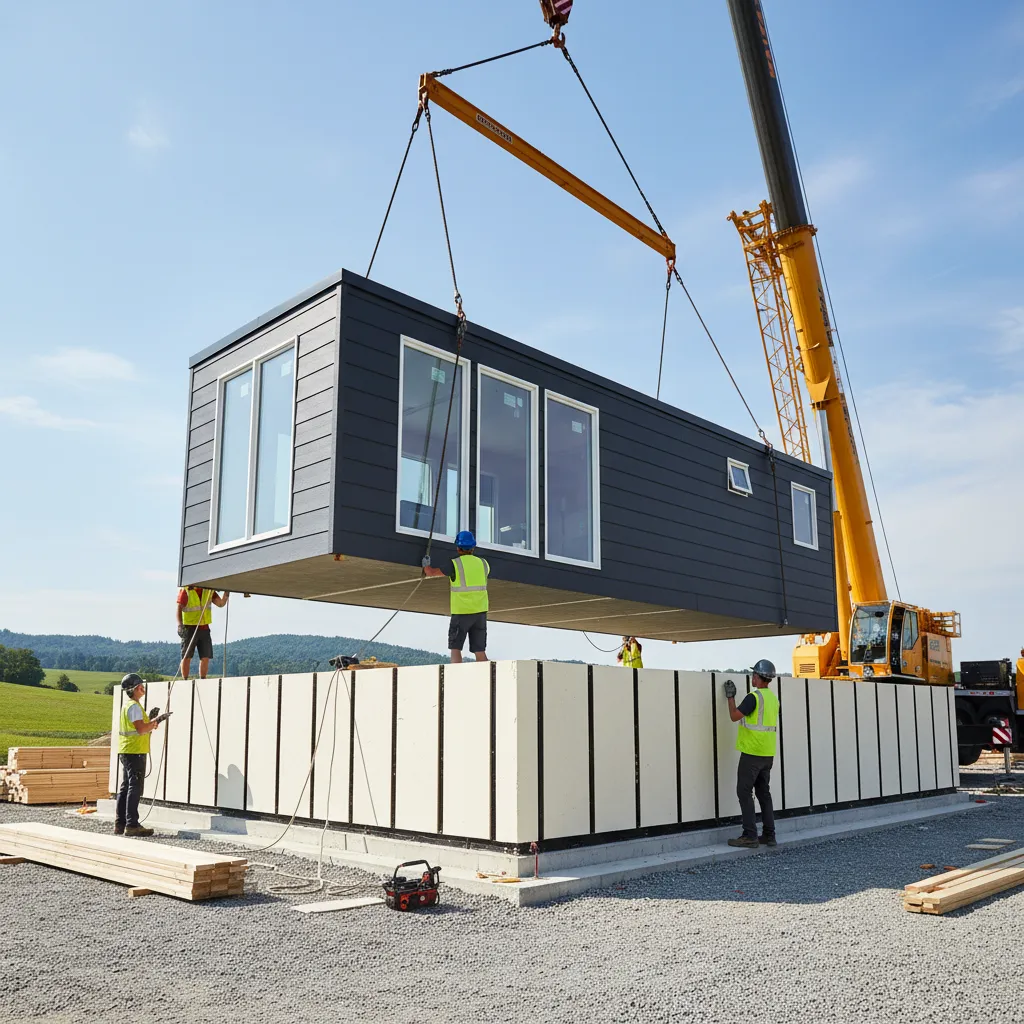 Prefab modular home being placed onto SIP insulated basement foundation