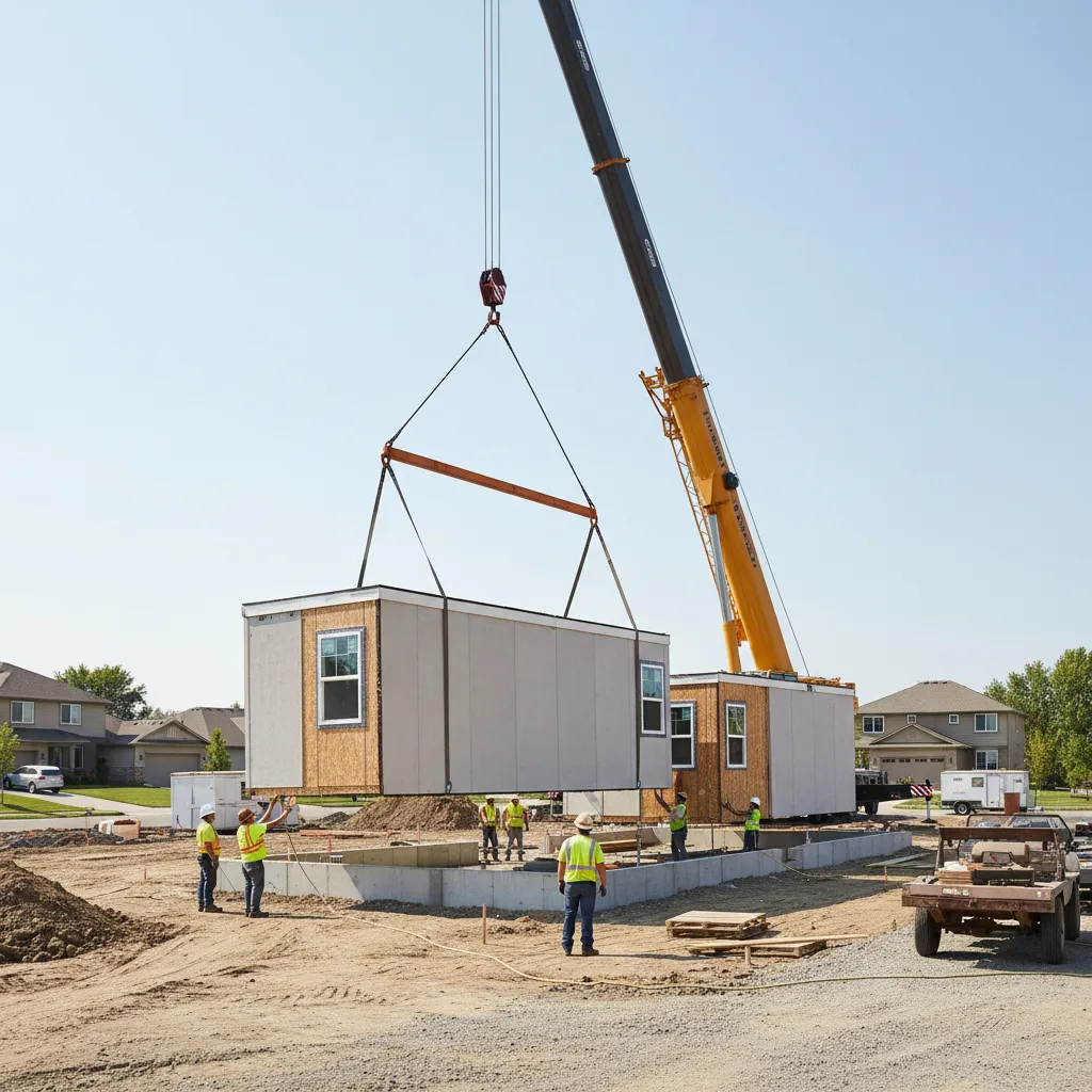 crane installing modular home sections on foundation