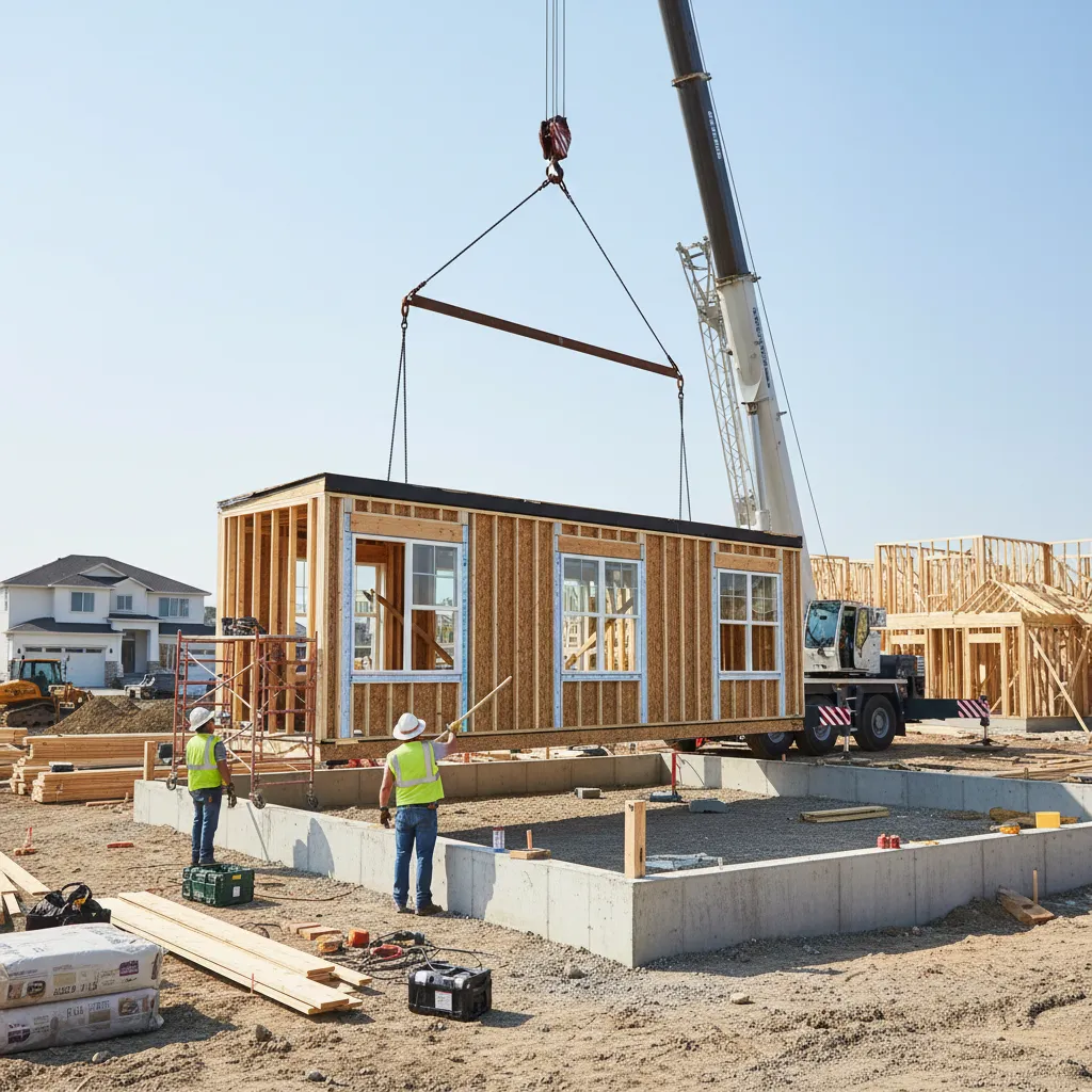 Modular home being installed on prepared foundation with crane