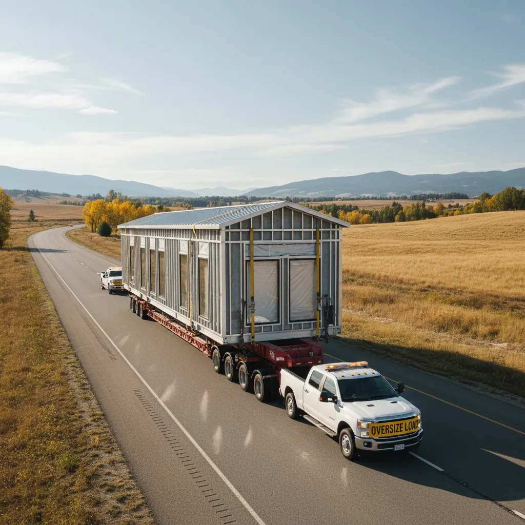 large truck transporting modular home section on highway