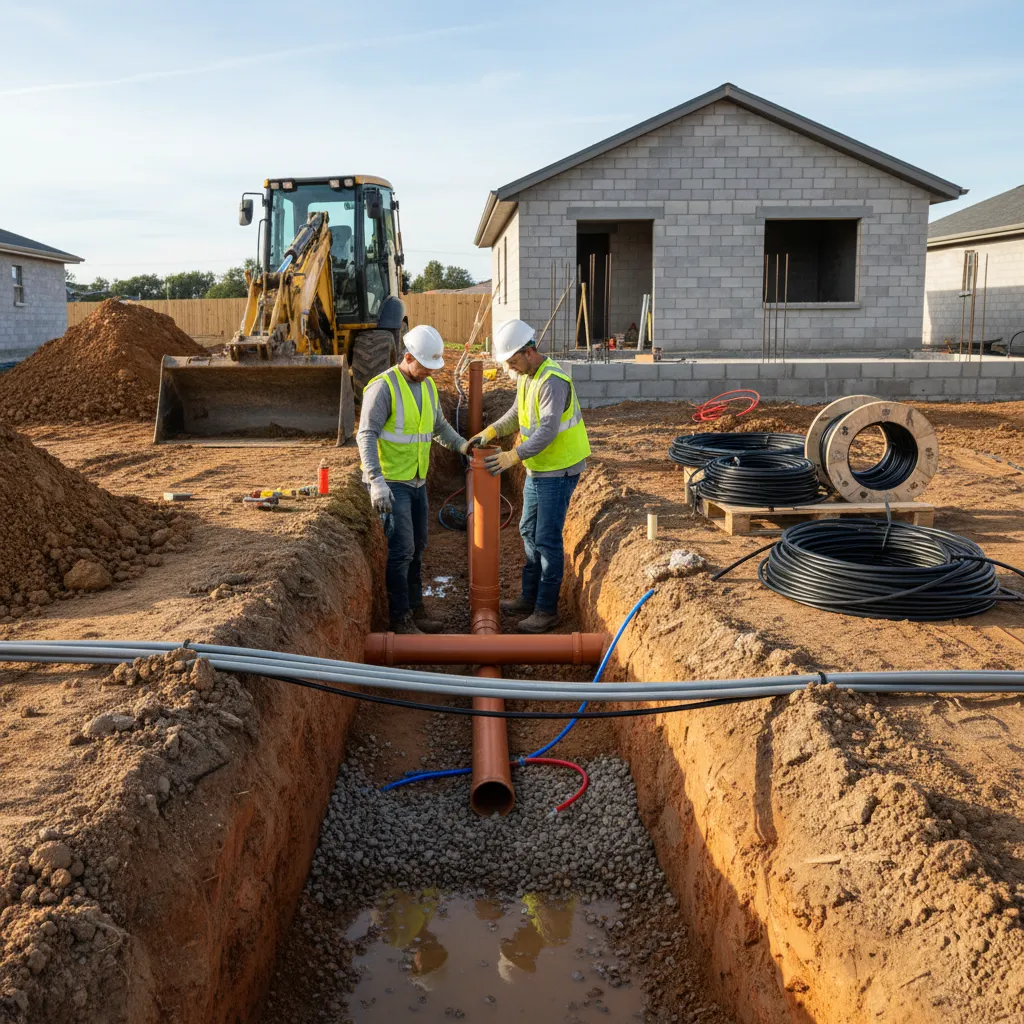 utility trenching and pipes installed for modular home connections