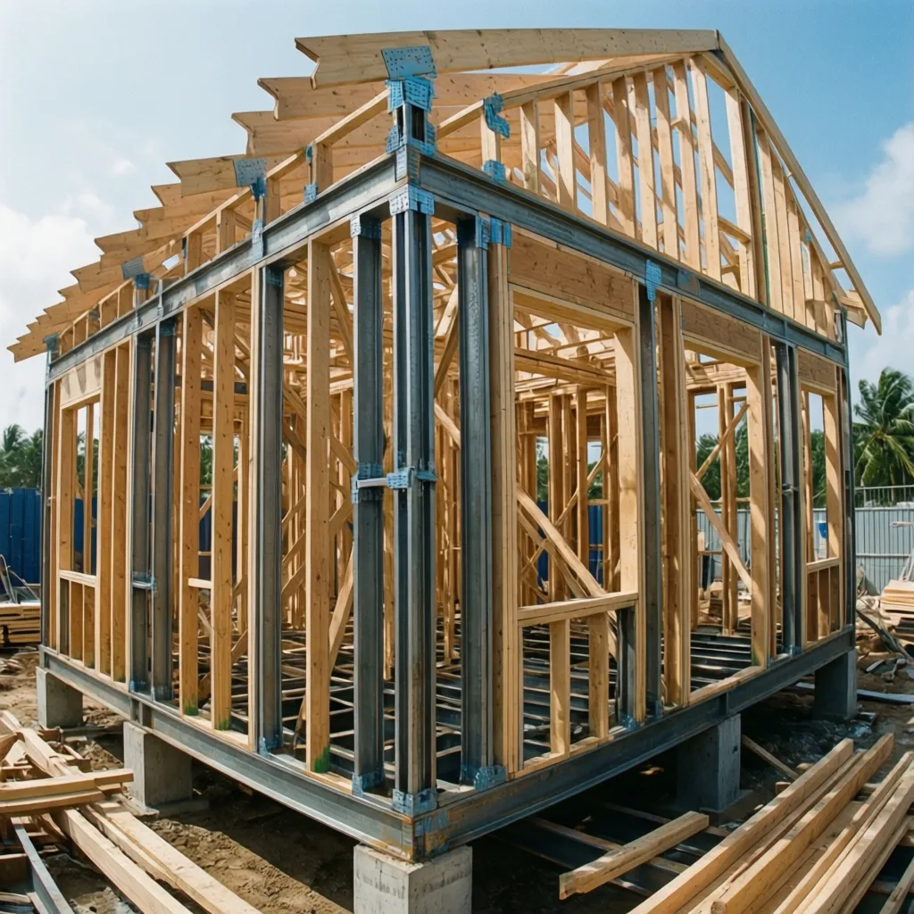 House under construction showing wooden and steel frame structure with wall panels and clear sky