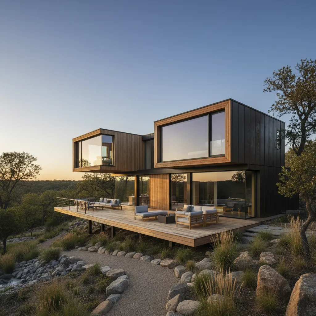 Casa modular moderna con terraza y grandes ventanales