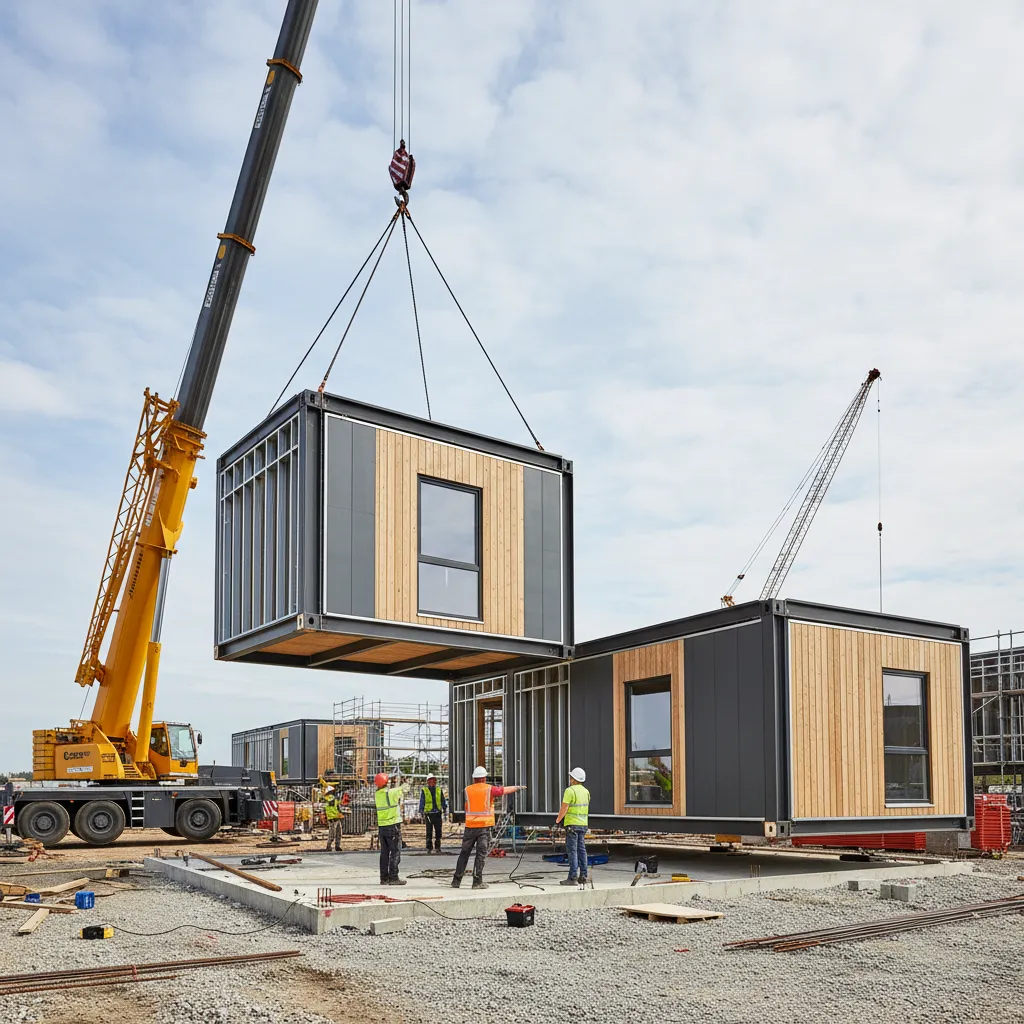 Large yellow crane lifting a modular house unit onto a construction site with nearby workers