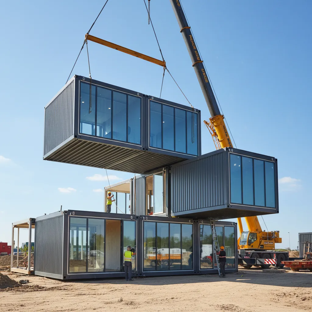 Instalación de módulos prefabricados durante la construcción de una vivienda