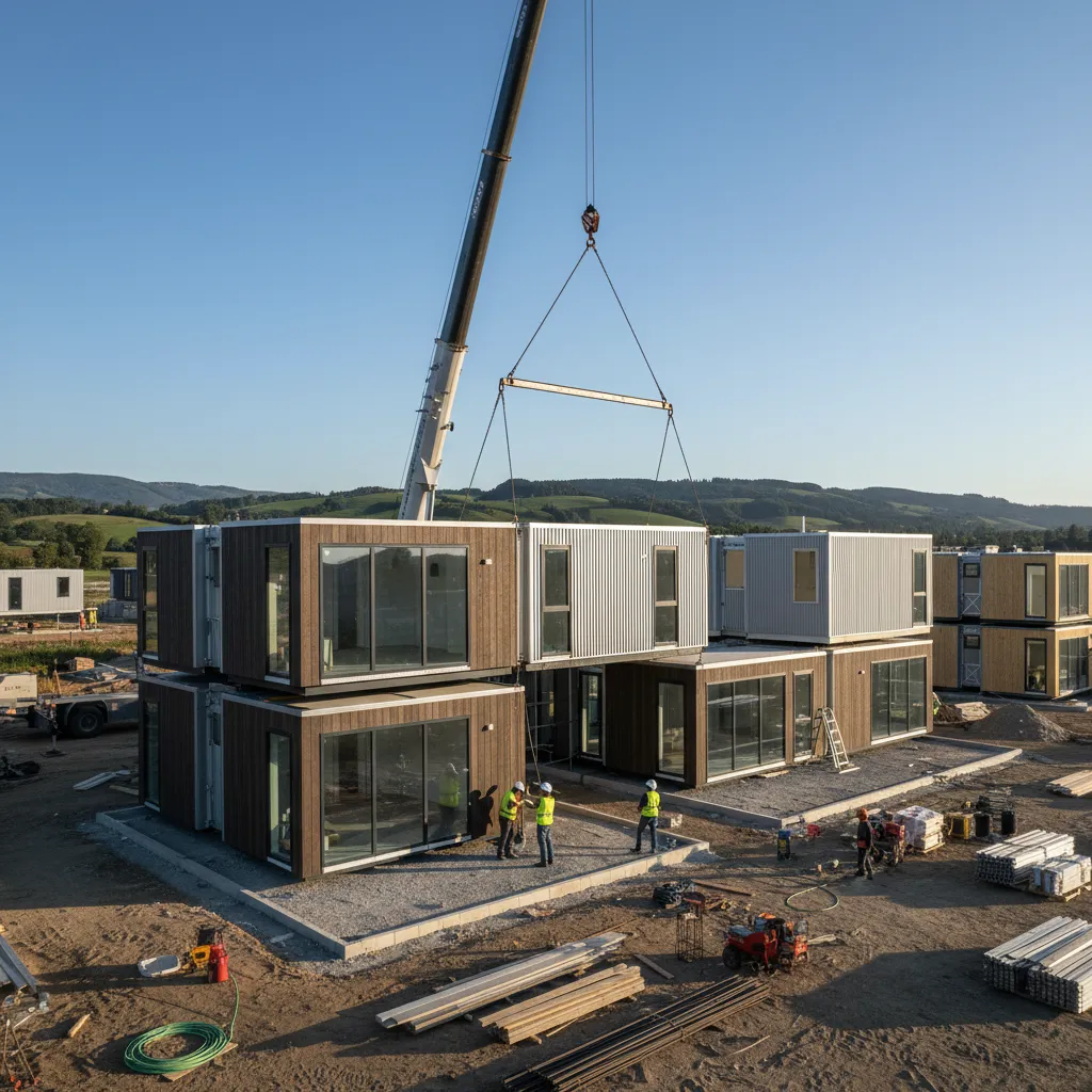 Montaje de módulos de una casa modular con grúa