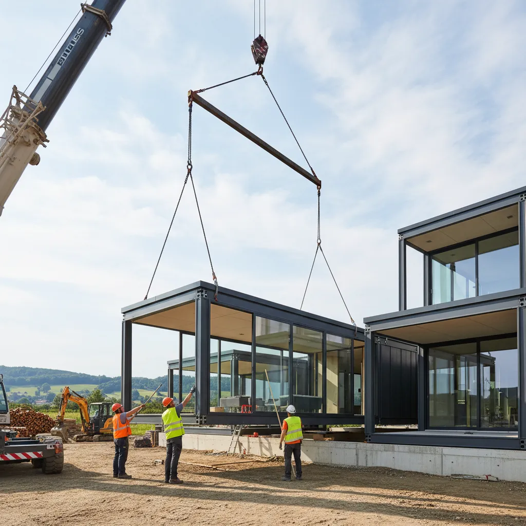 Instalación de módulos prefabricados de una casa moderna mediante grúa