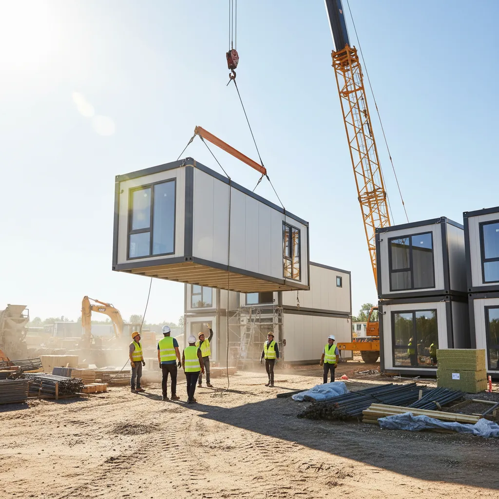 Instalación de módulos de una casa prefabricada con grúa