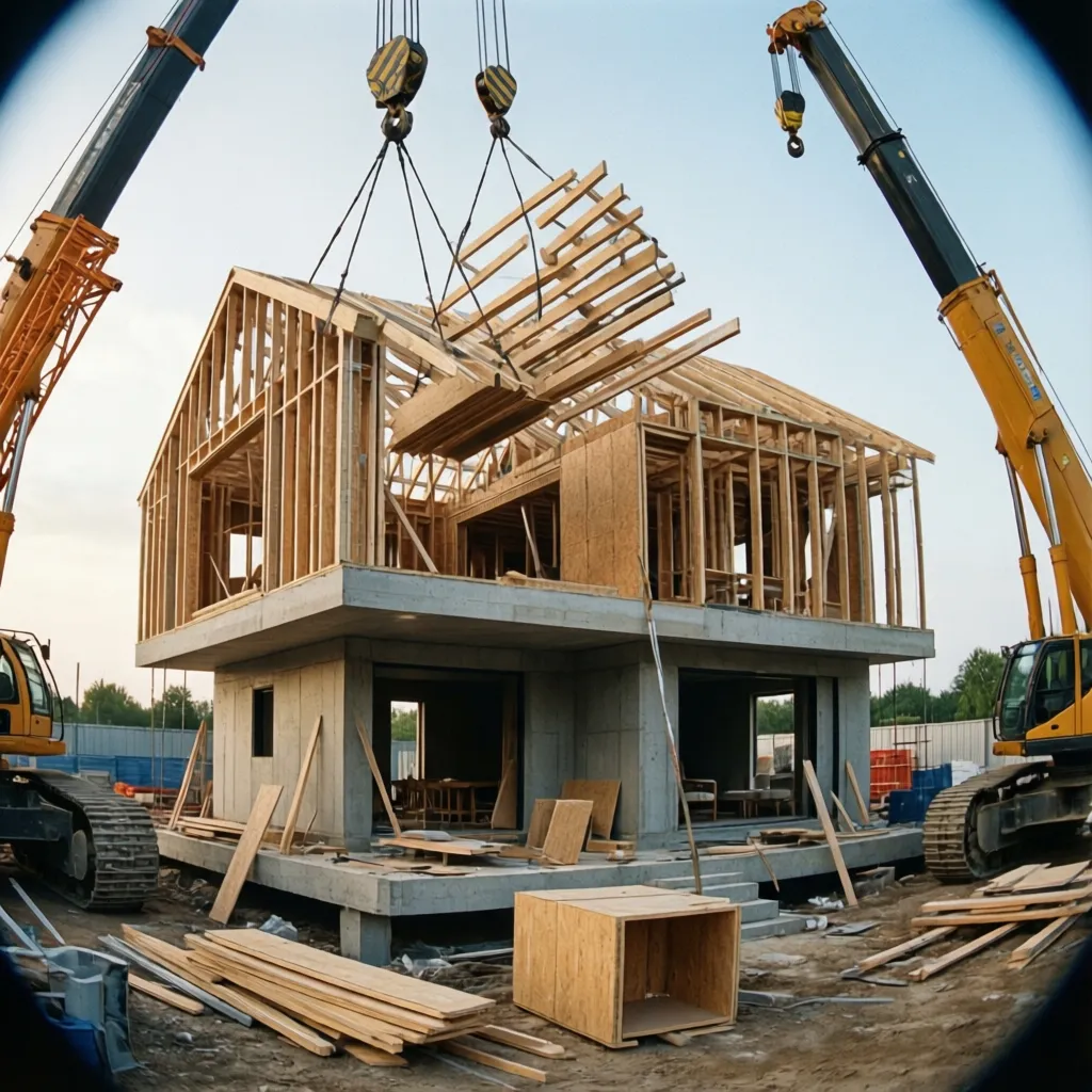 Módulos prefabricados siendo instalados para formar una casa modular