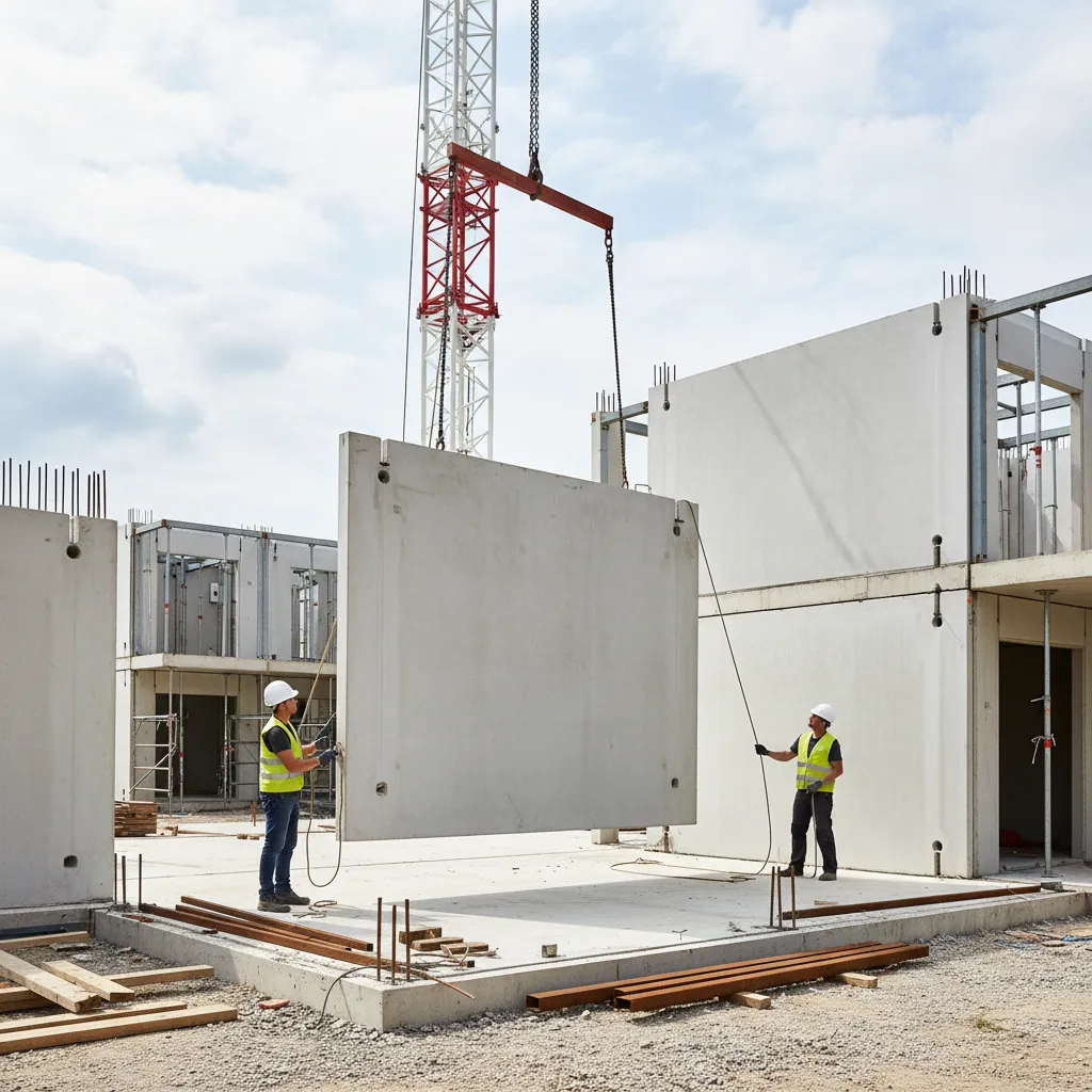 Two construction workers in safety vests guide a large concrete wall panel lifted by crane
