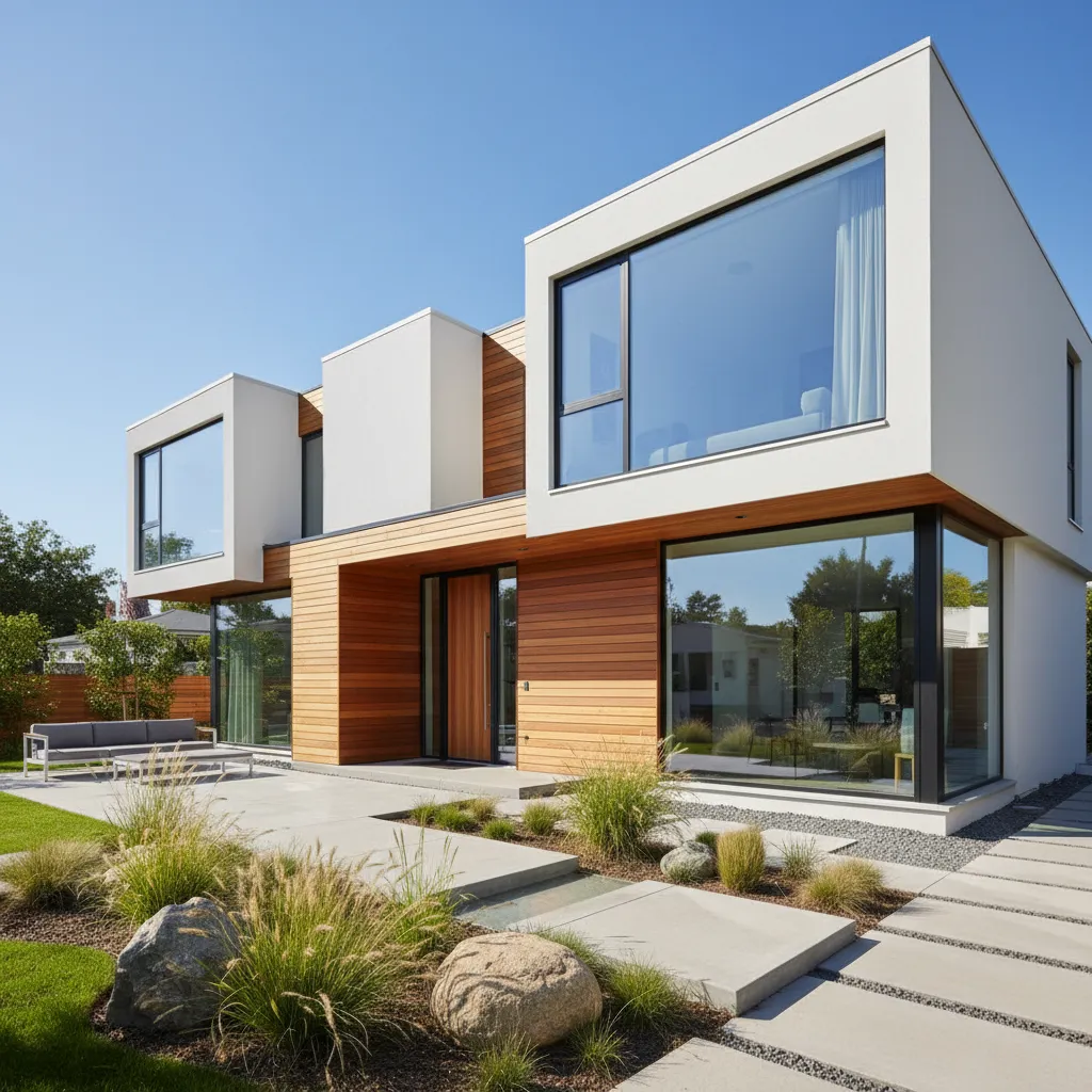 Interior design drawing of modern modular house exterior with wood panels and large glass windows