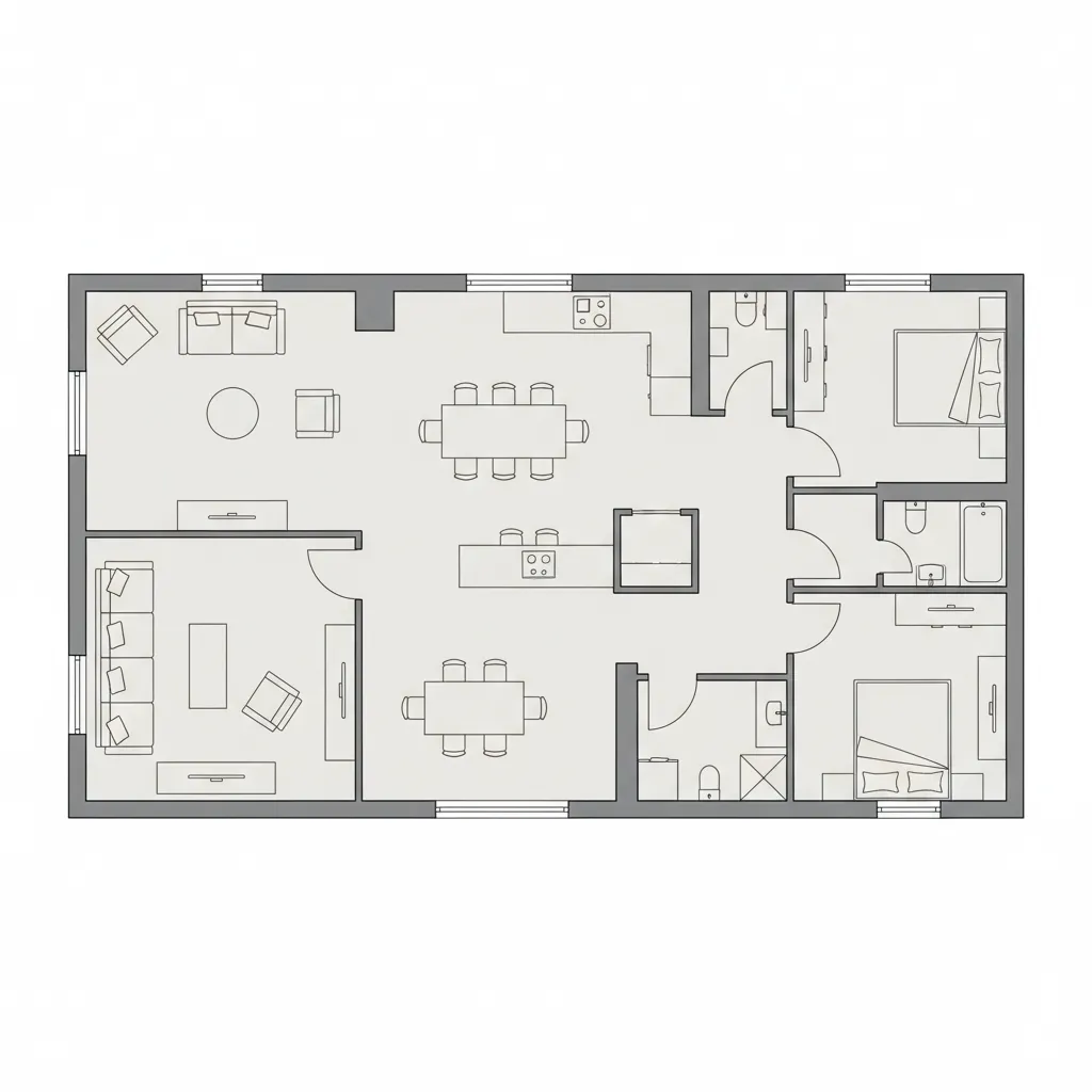 Plano de distribución de una vivienda modular con zonas diferenciadas