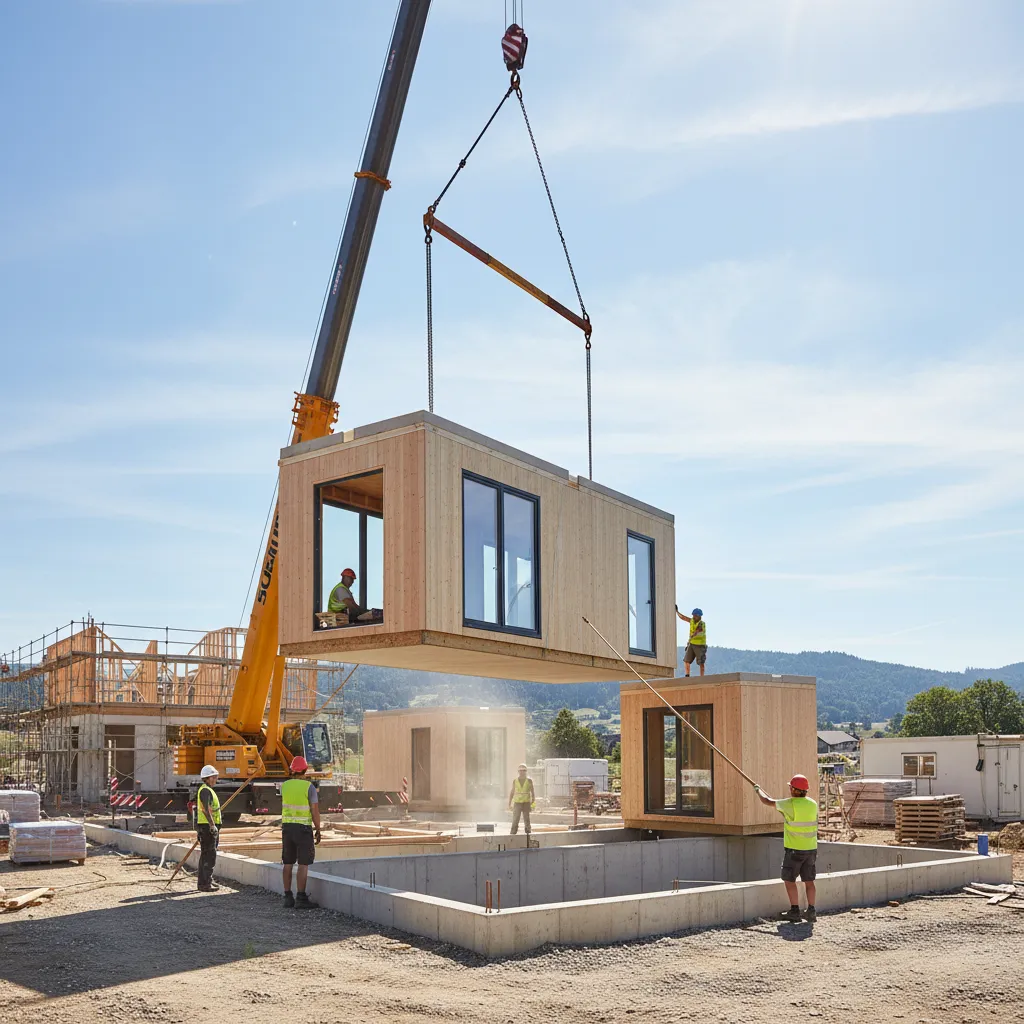 Instalación de módulos de una casa prefabricada con grúa