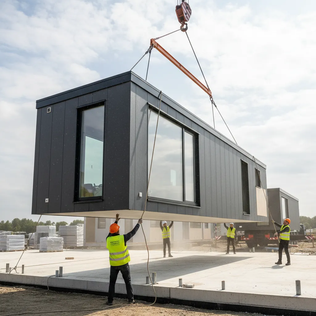 Instalación de módulos de vivienda utilizando una grúa en una parcela