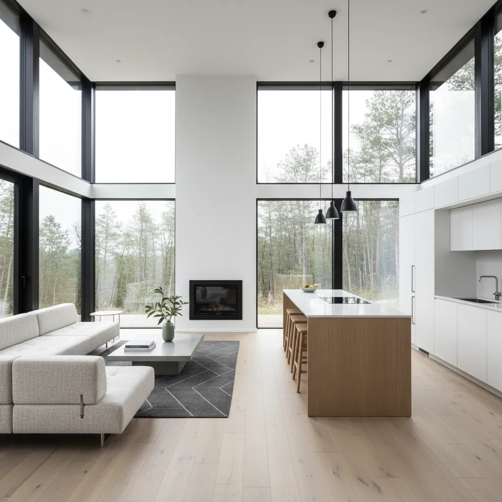 Interior moderno de una casa modular de diseño con cocina abierta y salón luminoso