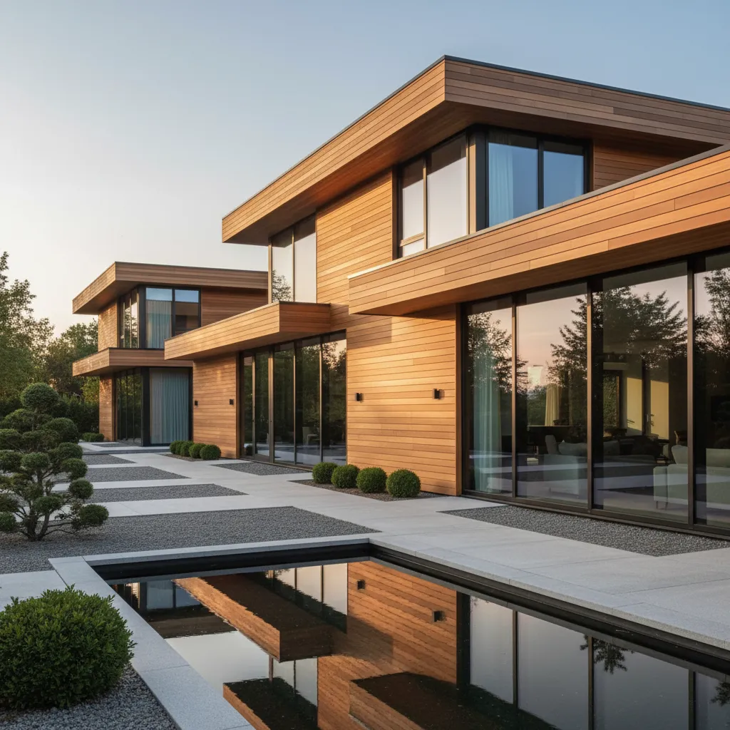 Exterior de una casa modular moderna con fachada de madera y vidrio