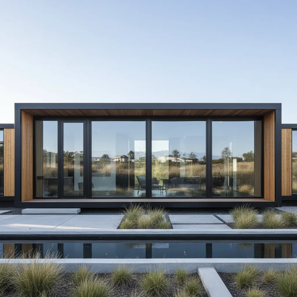 Modern modular house with large glass windows near a narrow outdoor water feature and garden