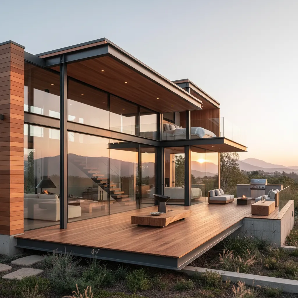 Modern glass house with wooden deck outdoor sofa and sunset view over distant mountains landscape