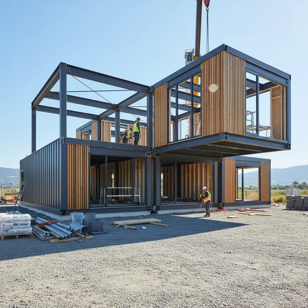 Estructura de varios módulos prefabricados formando la base de una casa