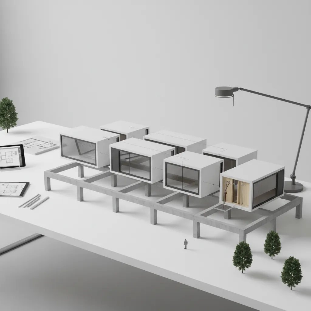 Estructura de módulos en una casa modular en fase de diseño