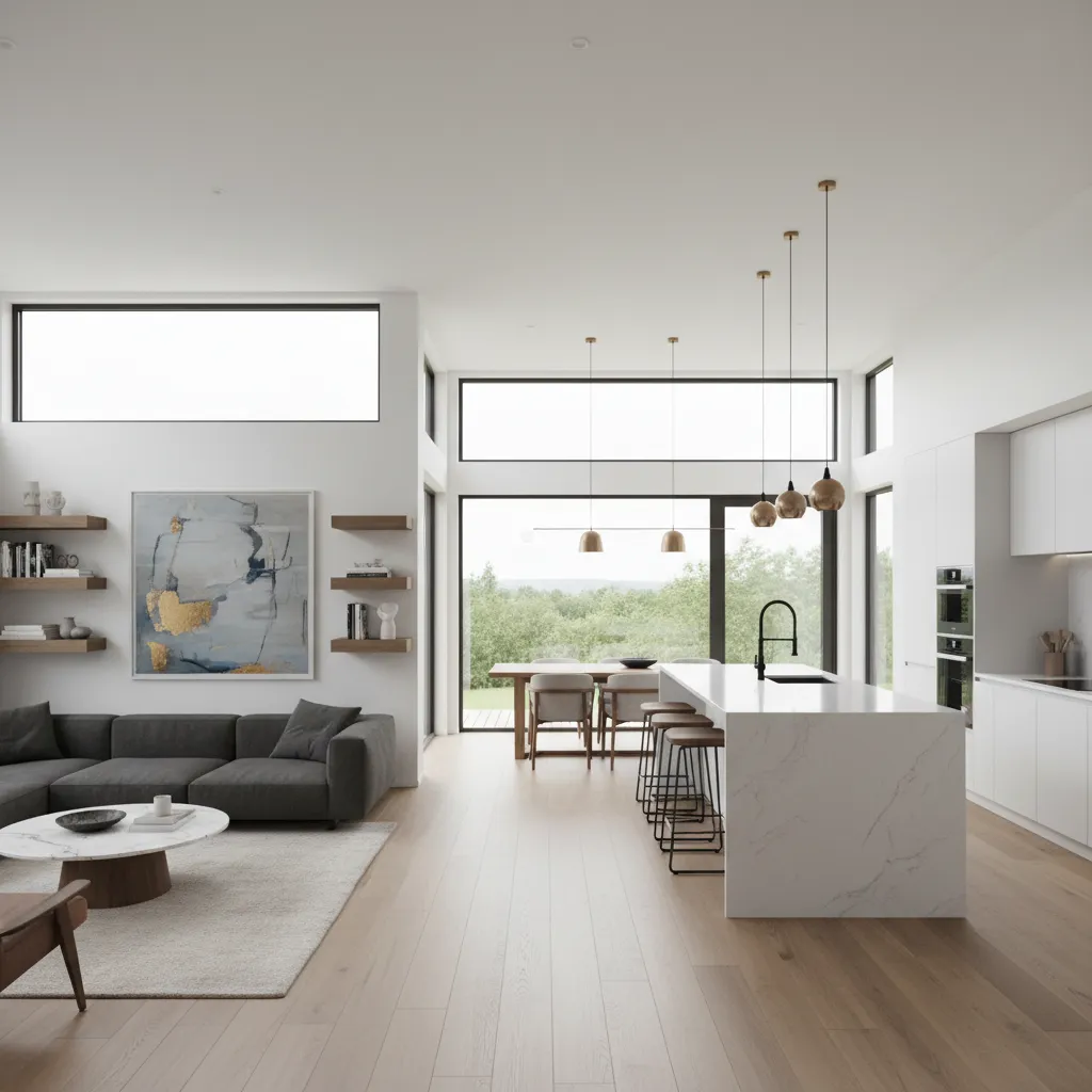 Interior de casa modular moderna con salón y cocina abierta