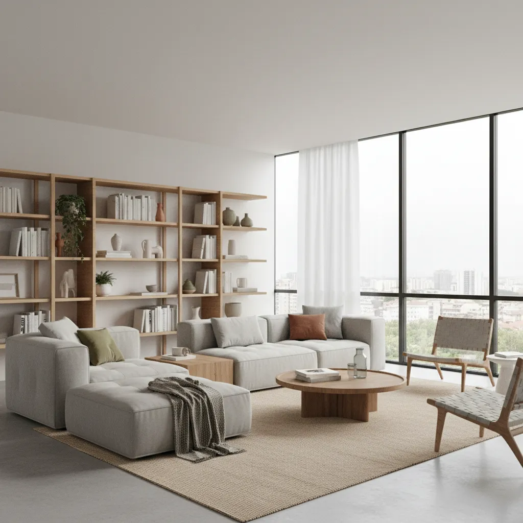 Bright modern living room with large wooden bookshelf, grey sofa, round coffee table, and windows