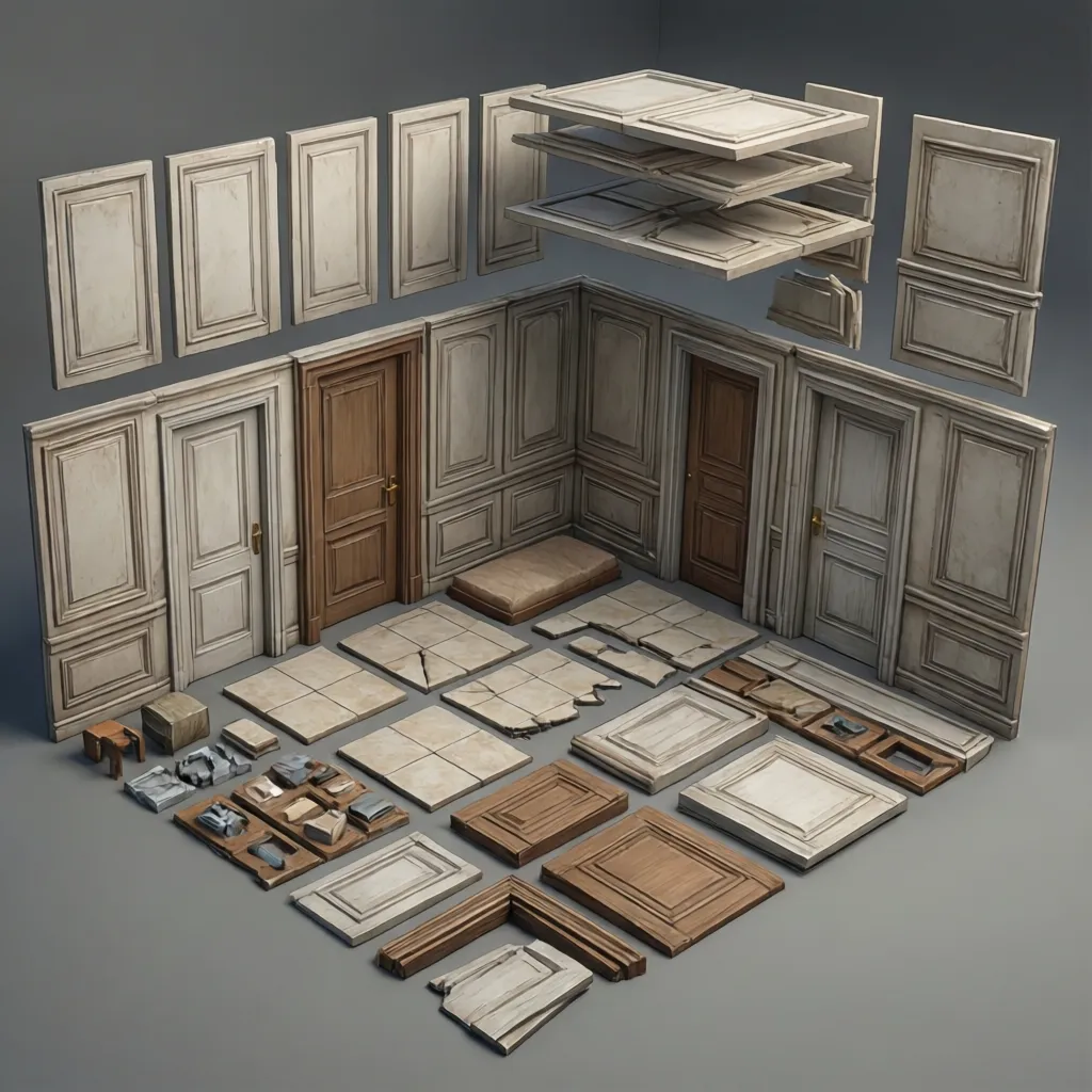 modular wall floor and door pieces used to assemble interior environments in game development