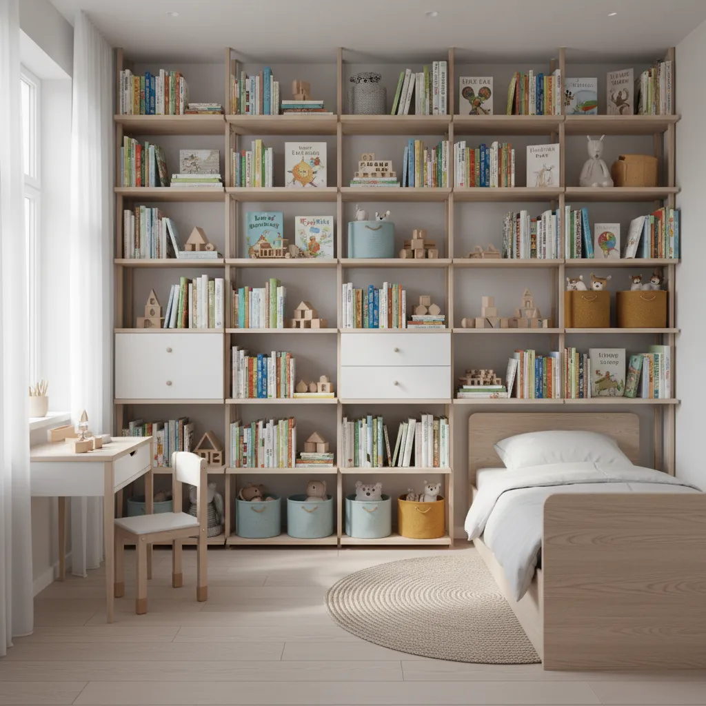 modular shelving and adaptable furniture in kids bedroom