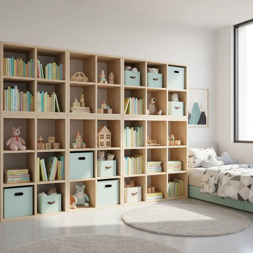 modular cube storage shelves in organized kids bedroom