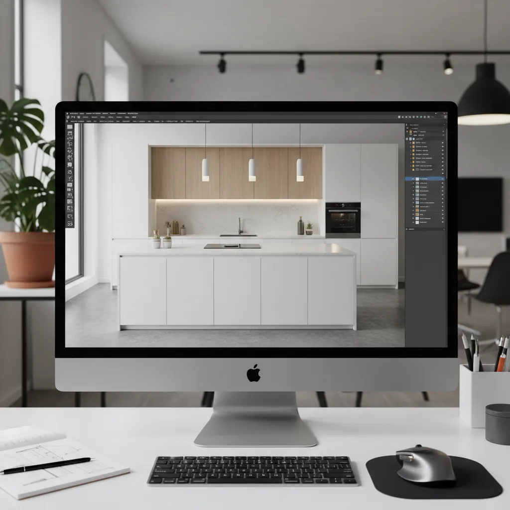 3D rendered modular kitchen design preview on computer screen